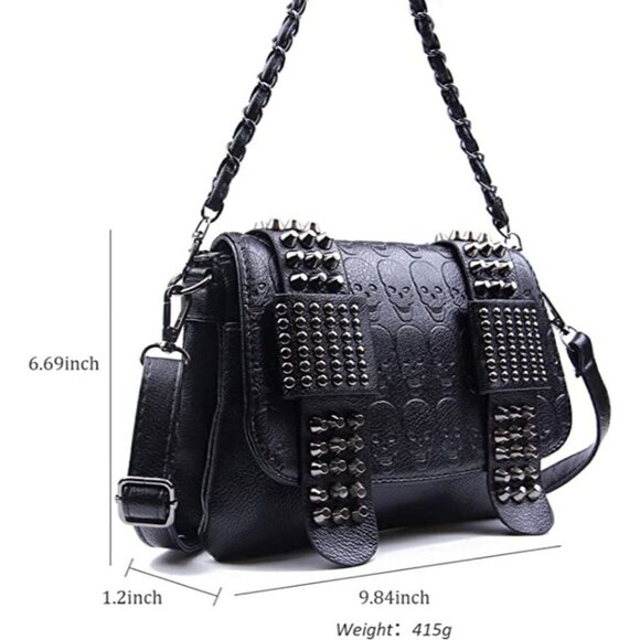 Black Leather Skull Crossbody Bag Chain Gothic Shoulder Biker Rocker Studded NWT - Picture 4 of 11